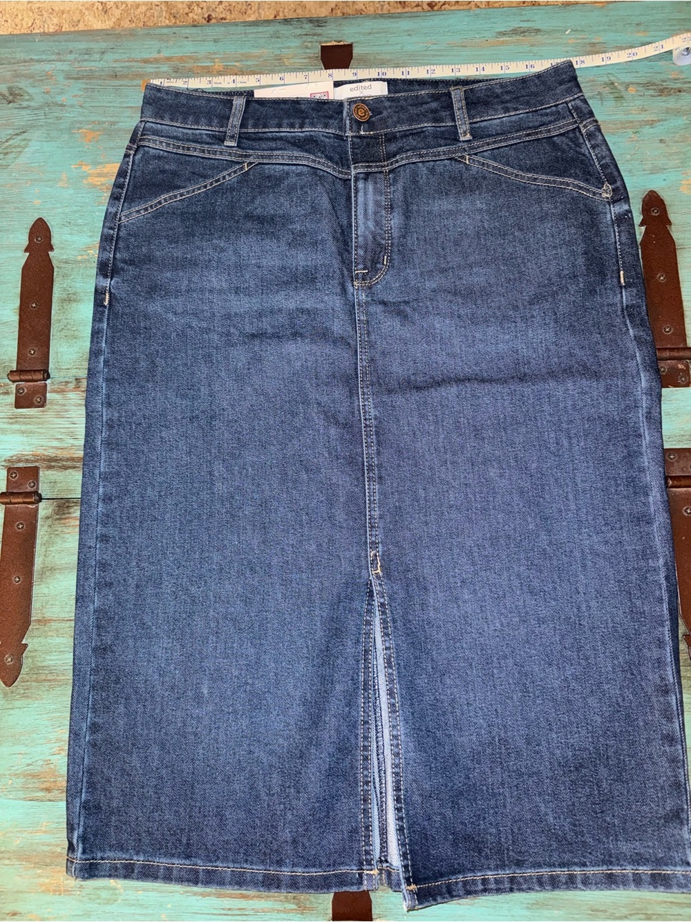 Hunter Blue Denim Midi Pencil Skirt with Front Slit